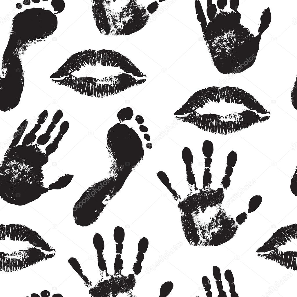 Seamless background with black lip prints, palms and feet