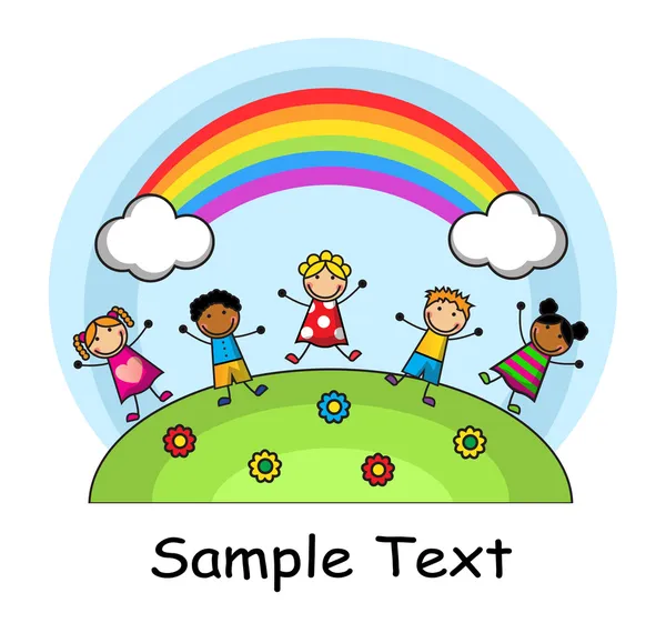 çizgi film çocuklar ve gökkuşağı gökyüzü arka plan üzerinde atlama