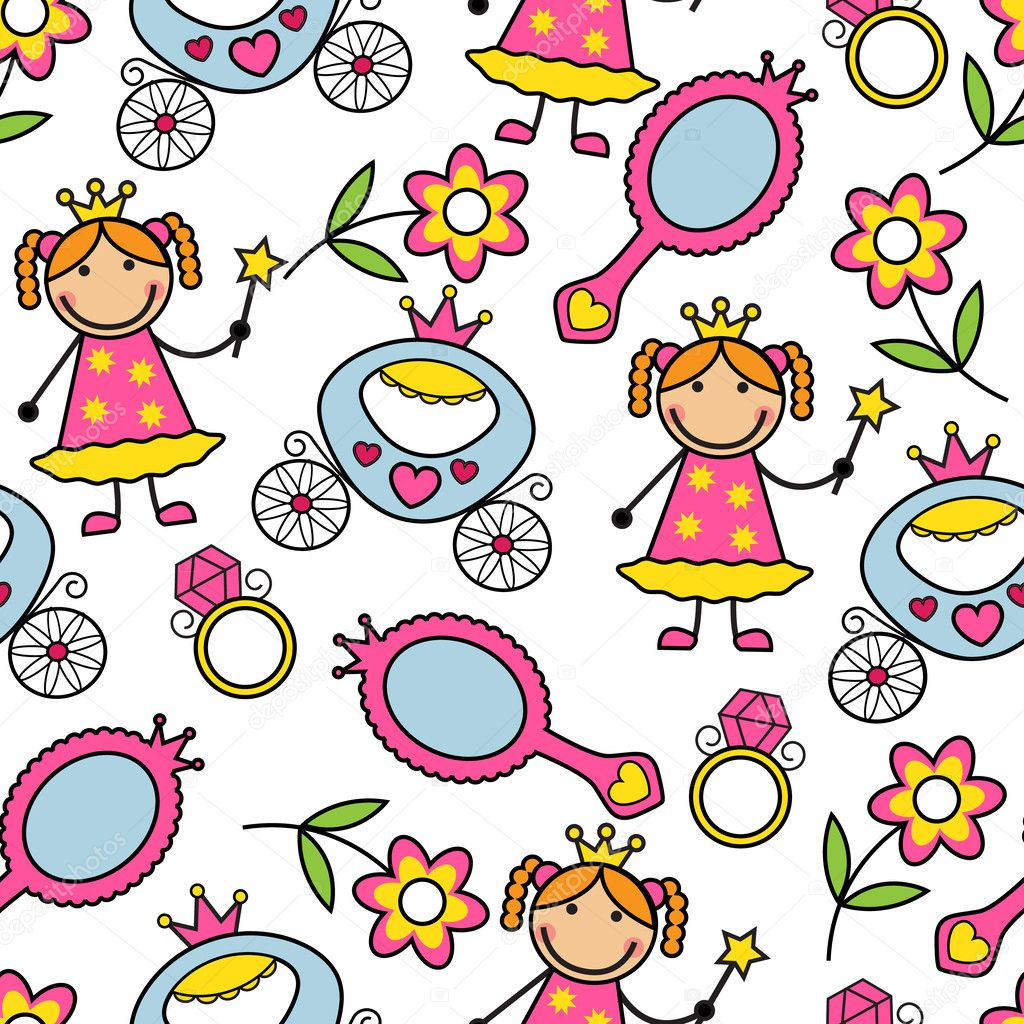 Cartoon seamless pattern with princess and her belongings