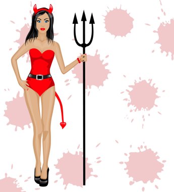 güzel kadın şeytan boynuzu, kuyruk ve dirgen ile