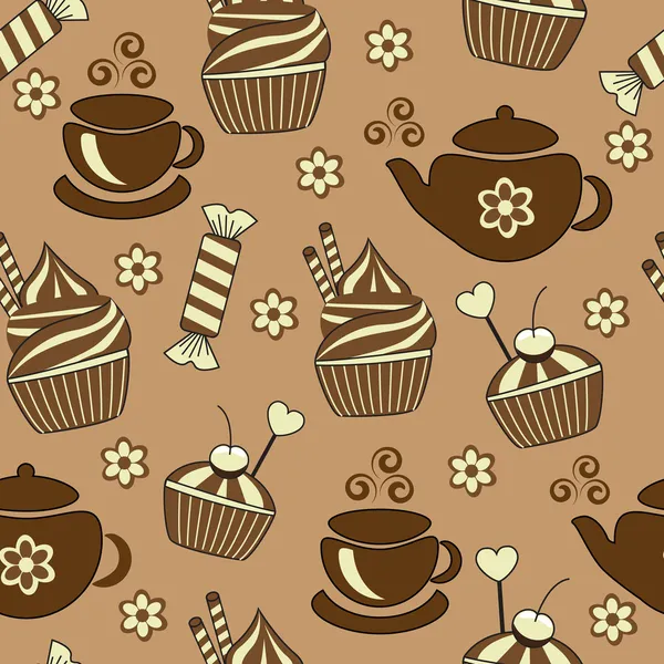 Çay ve tatlılar ile sorunsuz kahverengi zemin — Stok Vektör
