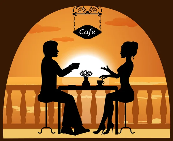 Ζευγάρι σε ένα καφέ στην παραλία στο ηλιοβασίλεμα — Διανυσματικό Αρχείο