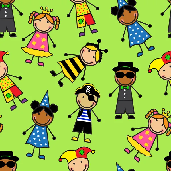 Cartoon seamless pattern with children in different carnival costumes — Stock Vector