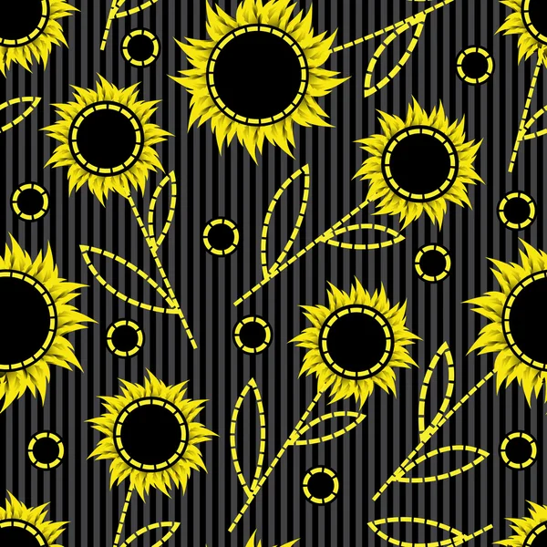 Seamless dark striped background with abstract sunflowers — Stock Vector