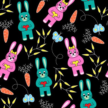 Tavşan, havuç, kelebekler ve bitkiler ile sorunsuz siyah arka plan