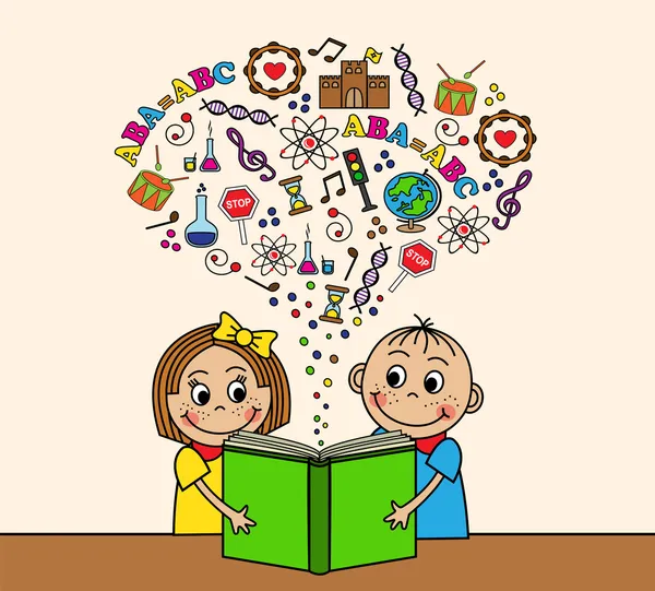 Cartoon children read a book — Stock Vector