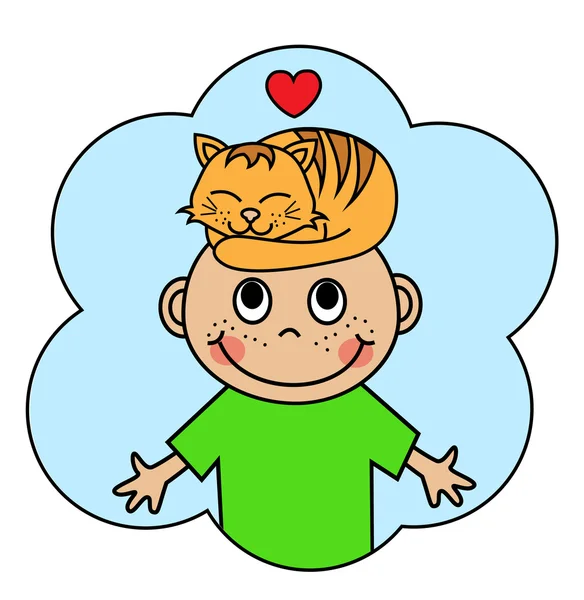 Cartoon boy and sleeping orange cat — Stock Vector