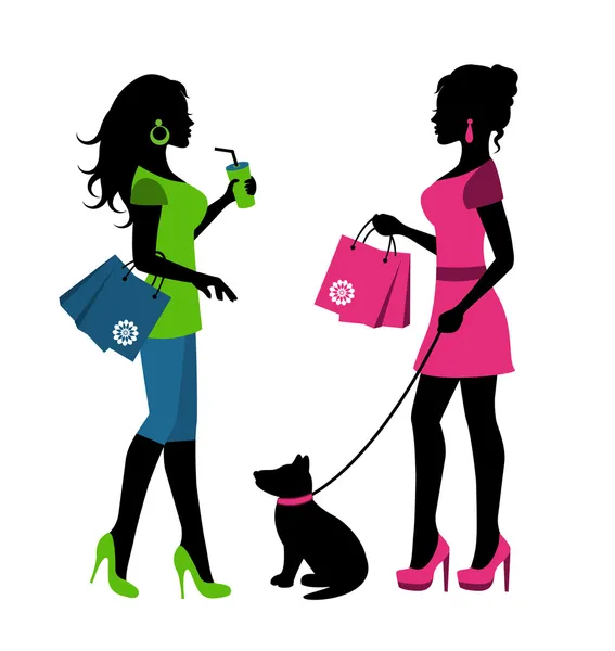 Deux femmes avec des sacs et un chien en laisse — Image vectorielle