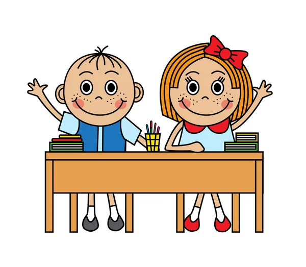 Cartoon children sitting at school desk — Stock Vector