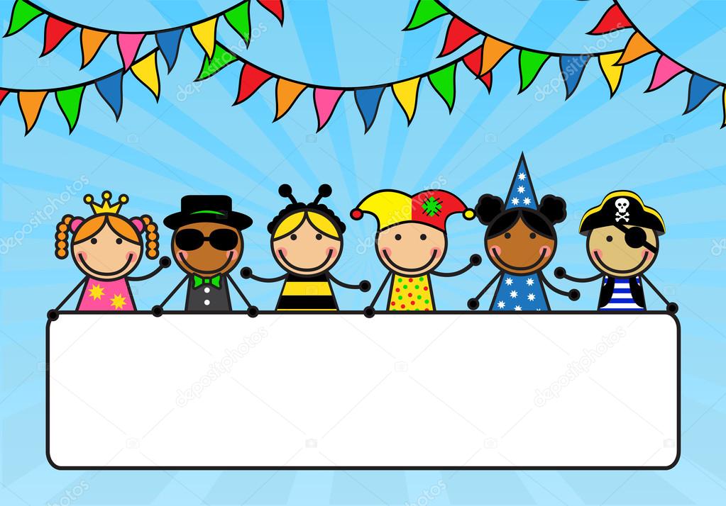 Cartoon children in carnival costumes hold a poster