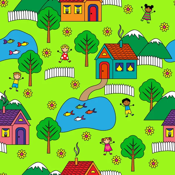 집, 나무와 사람들 완벽 한 패턴 — 스톡 벡터
