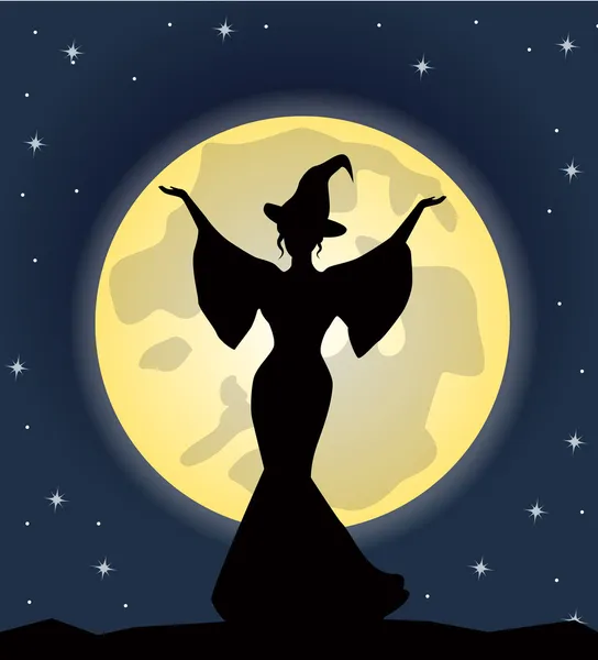 Beautiful witch standing on background of the moon — Stock Vector