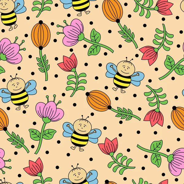 Seamless background with bees and flowers — Stock Vector