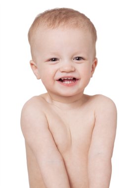 güzel mutlu bebek üzerinde izole beyaz gülüyor