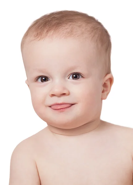 Beau bébé heureux montrant la langue isolée sur blanc — Photo