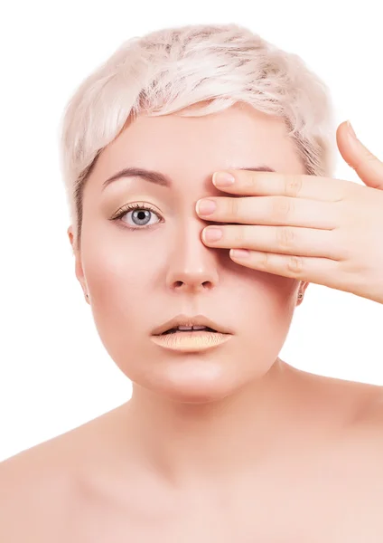 Gesicht Porträt der schönen jungen Frau mit der Hand — Stockfoto