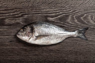 taze dorado balığı koyu ahşap zemin üzerinde