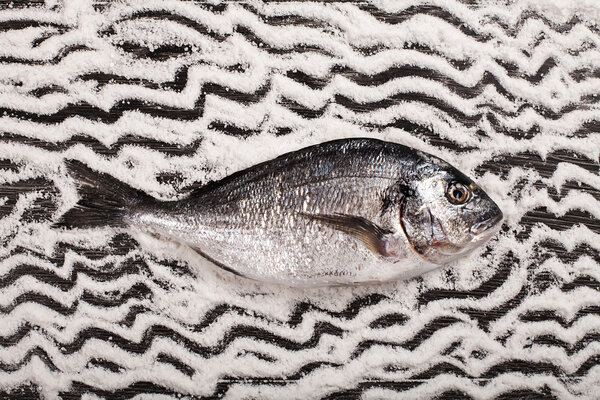 Свежая рыба Дорадо на фоне соли и темного дерева
