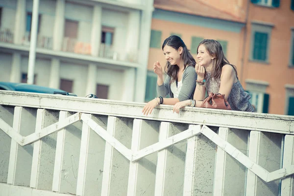 Due belle donne che camminano in città con biciclette e borse — Foto Stock