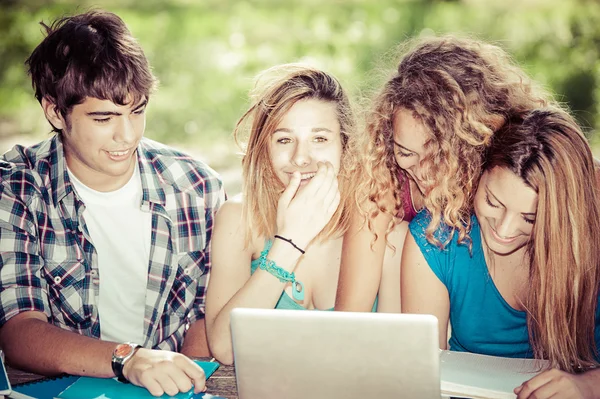 Gruppo di giovani studenti che utilizzano laptop all'aperto, Italia Immagine Stock