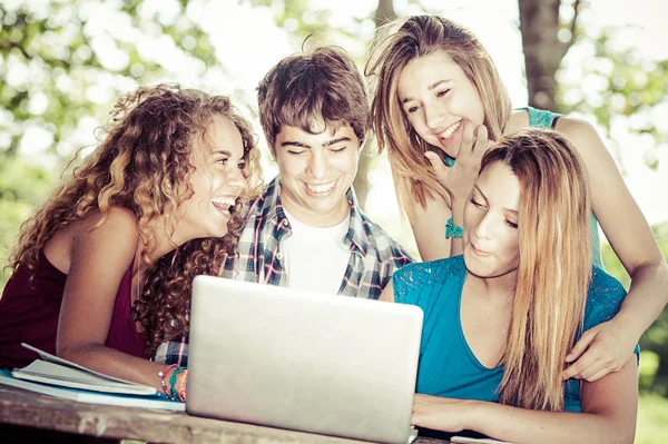 Estudantes adolescentes trabalhando juntos no parque — Fotografia de Stock