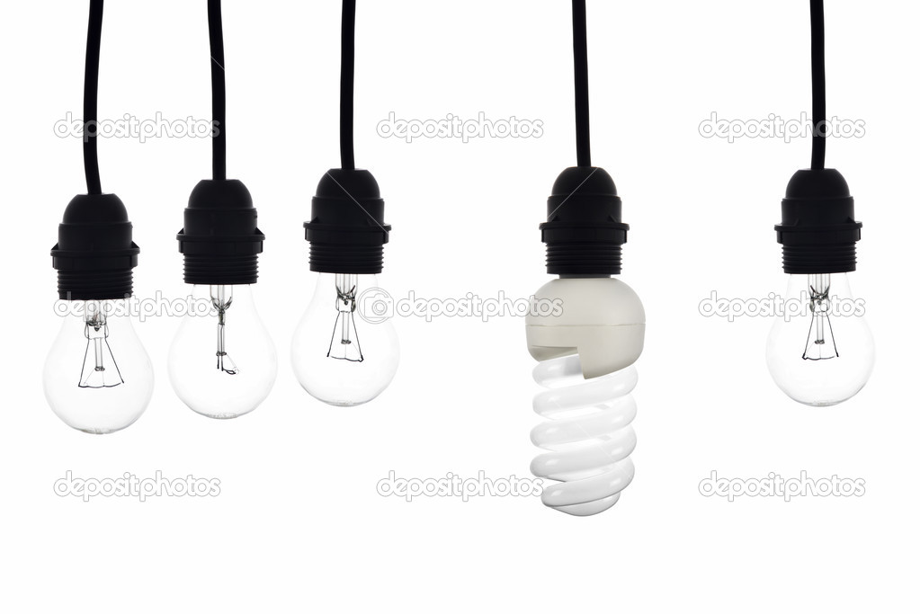 A light bulb with low consumption light bulbs hanging between