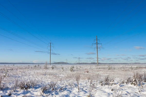 Elektrisk kraftöverföring i fältet vintern — Stockfoto