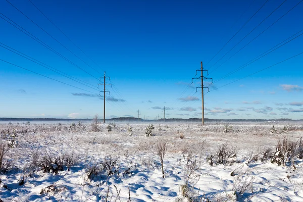 Líneas eléctricas en campo de nieve de invierno — Foto de Stock