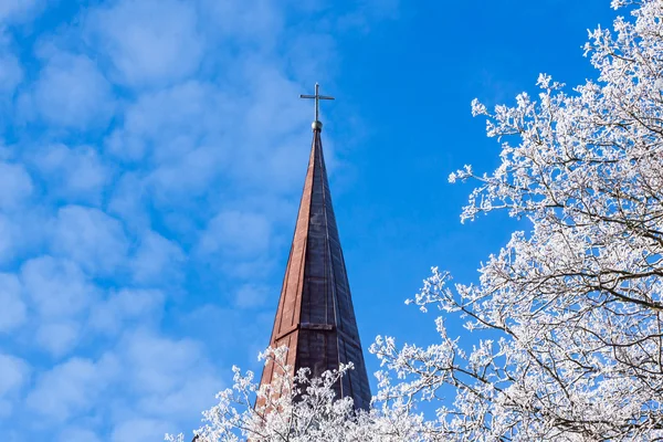 Weißer Baum und Kirche im Winter — Stockfoto