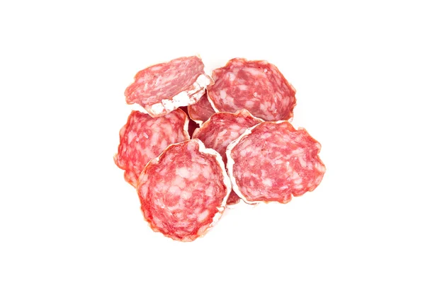 Rodajas de salami aisladas sobre un blanco — Foto de Stock