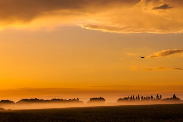 Vliegtuig over landelijke veld in fo — Stockfoto