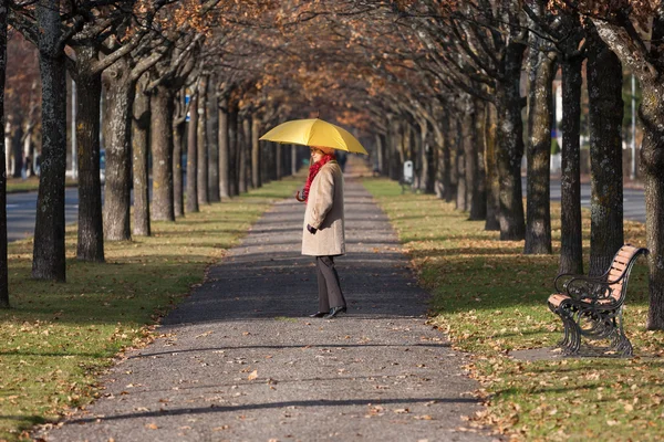 Elderly woman in the park with umbrella — Stock Photo, Image