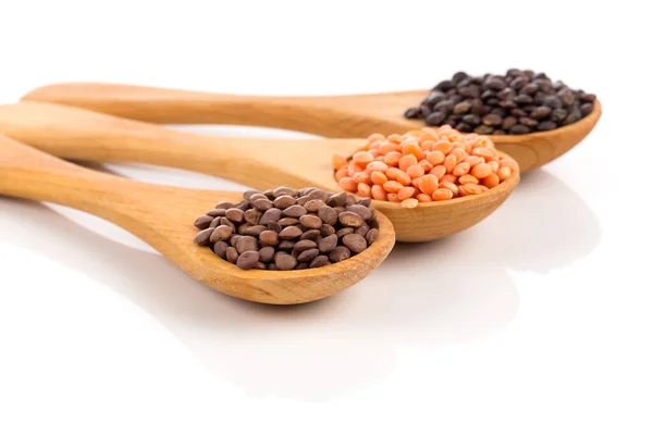 Various Lentils Wooden Spoons Isolated White Background Collection — Stock Photo, Image