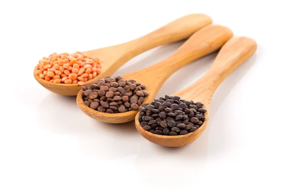 Various Lentils Wooden Spoons Isolated White Background Collection — Stock Photo, Image