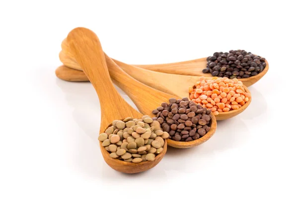 Various Lentils Wooden Spoons Isolated White Background Collection — Stock Photo, Image