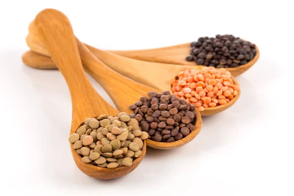 Various Lentils Wooden Spoons Isolated White Background Collection — Stock Photo, Image