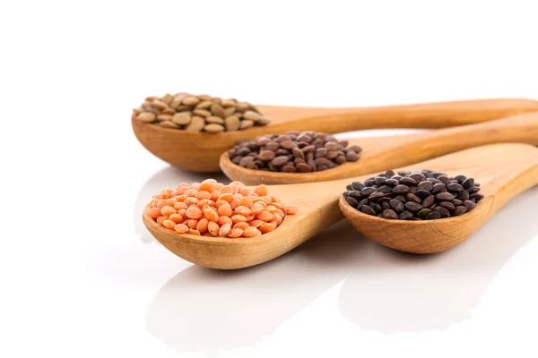 Various Lentils Wooden Spoons Isolated White Background Collection — Stock Photo, Image