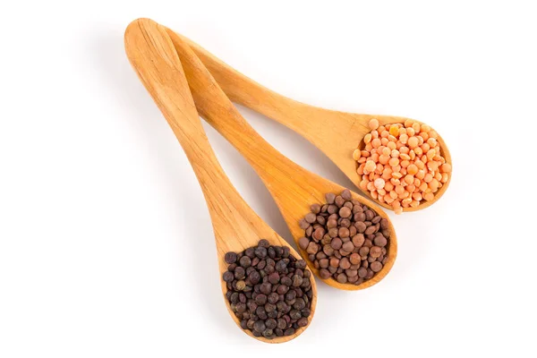 Various Lentils Wooden Spoons Isolated White Background Collection — Stock Photo, Image