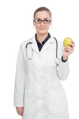 Doktor stetoskop ve elma ile. Beyaz bir arka plan üzerinde.