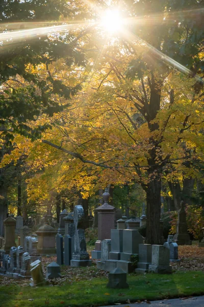 Tombstone Temetőben Ősszel Bostonban Napfény — Stock Fotó