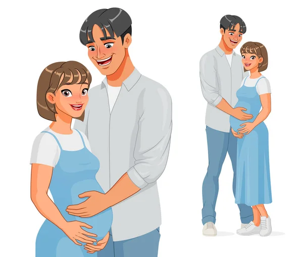 Mutlu Asyalı adam hamile karısının karnını tutuyor. Vektör illüstrasyonu. — Stok Vektör