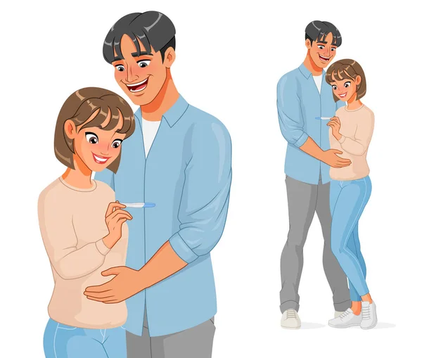 Feliz pareja asiática embarazada con prueba de embarazo. Ilustración vectorial. — Vector de stock