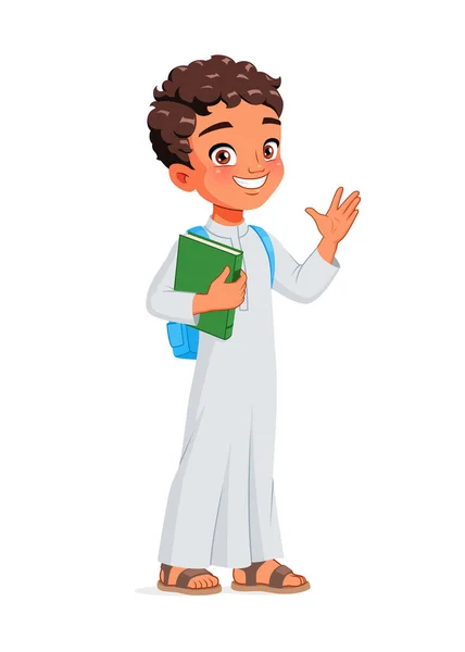 Un saluto da scolaretto arabo. Illustrazione vettoriale cartone animato. — Vettoriale Stock