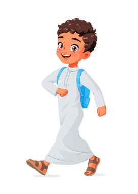 Happy Arab school boy walking. Cartoon vector illustration. clipart