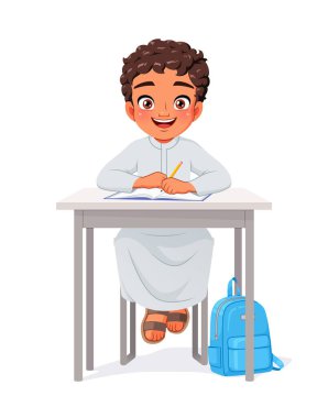 Happy Arab boy sitting at desk. Cartoon vector illustration. clipart