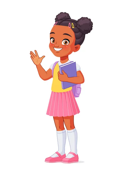 Un saluto da scolaretta afroamericana. Illustrazione vettoriale cartone animato. — Vettoriale Stock