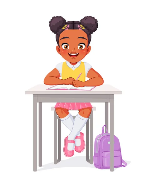 Gadis Afrika-Amerika yang bahagia duduk di meja. Ilustrasi vektor kartun. - Stok Vektor
