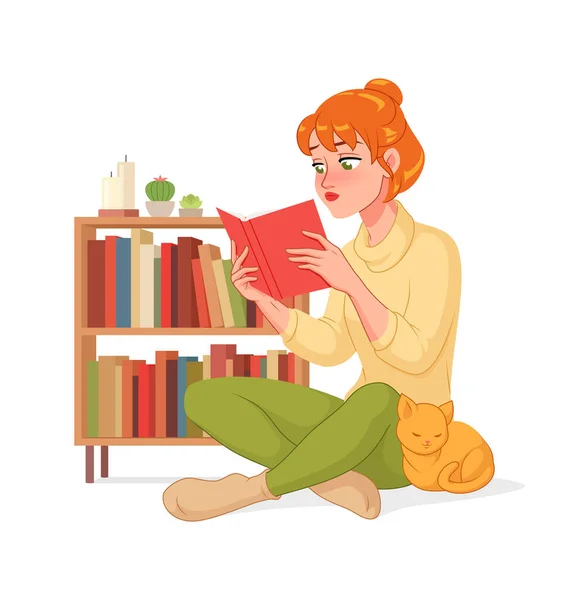 Jovem mulher lendo um livro em casa. Desenhos animados ilustração vetorial isolado no fundo branco. — Vetor de Stock