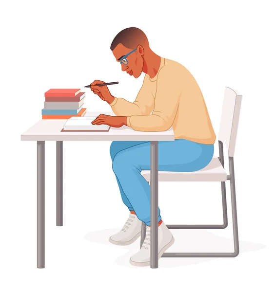 Estudante afro-americano sentado na mesa lendo um livro. Jovem estudando se preparando para exames. Ilustração vetorial. — Vetor de Stock