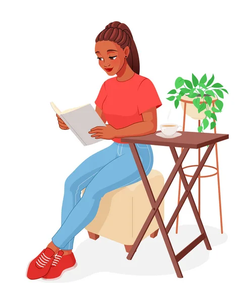 Νεαρή Αφροαμερικανή διαβάζει ένα βιβλίο. Εικονογράφηση φορέα κινουμένων σχεδίων που απομονώνονται σε λευκό φόντο. Διανυσματικά Γραφικά